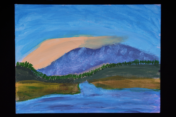 Square painting of mountain landscape